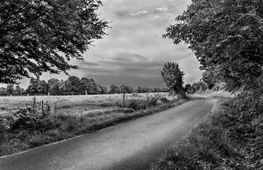 Country lane in the Orne countryside in summer on an overcast day, Normandy France