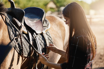 Young female racehorse trainer preparing and locking down the saddle.