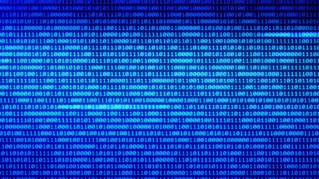 Digital technologies Blue Binary code random numbers glowing on a black background