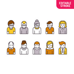 Set of people linear art style. Variants of colored icons of busts of men and women. Can be used for web design and mobile application. Vector illustration.