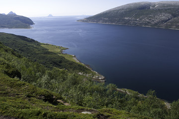 Fototapeta premium Blue fjord view, journey in Nord Norway