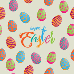 Seamless pattern easter eggs different texture with colorful happy easter text, vector illustration