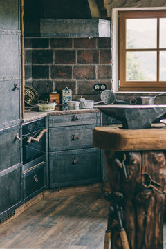 kitchen in cast iron style in an alpine cabin