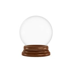 3d rendering of a clear glass sphere on a white background standing on a wooden base with nothing inside it.
