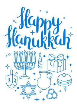 Happy Hanukkah celebration card with holiday objects