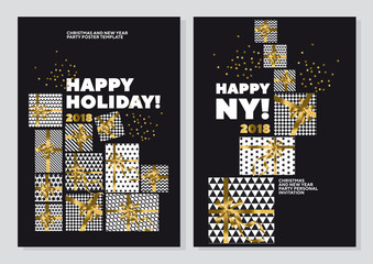 happy new year and xmas concept poster template. gold and black collors christmas vector illustration. flayer, brochure, header with text, star, and present box