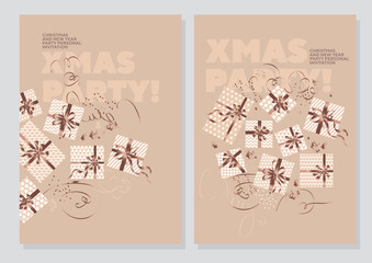 happy new year and xmas concept poster template. elegant pale beige collors christmas vector illustration. flayer, brochure, header with text, star, and present box