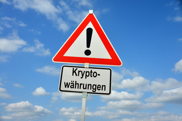 Kryptowährungen, Bitcoin, Wechselkurs, Schild, Warnung, symbolisch, Zahlungsmittel, Währung, Geld, Zahlungssystem, digitale Währung, Wechselkurs, blockchain, Wallet, Transaktion