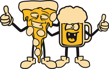 2 freunde dreamteam paar crew duo pizza salami essen lecker hunger glas krug oktoberfest comic cartoon gesicht figur lachen daumen drücken hoch bier flasche alkohol saufen trinken