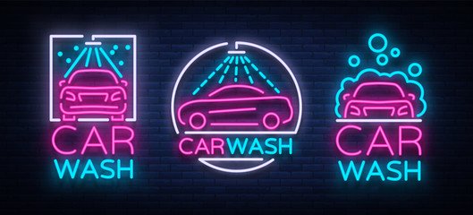 Car wash logo set vector design in neon style vector illustration isolated. Template, concept, luminous signboard icon on a car wash theme. Luminous banner