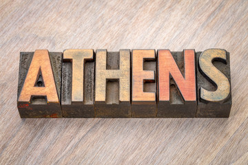 Athens word abstract in wood type