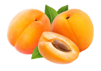 Fresh three apricots with leafs isolated on white background