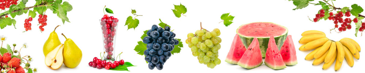 Panoramic wide picture healthy and useful berries and fruits isolated on white background.
