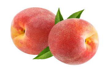 Two fresh peaches with leaf isolated on white background with clipping path