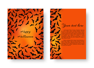 Scary template brochure with bats for festive Halloween design on the orange backdrop. Vector illustration.