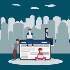 Social network web site surfing concept illustration of young people using mobile gadgets such as smartphone, tablet pc and laptop part of online community. Flat guys, women on big notebook
