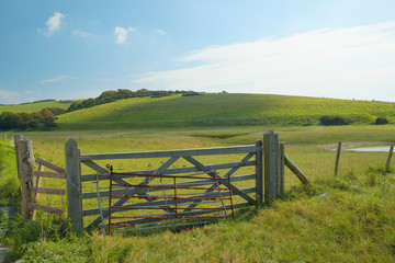 Fototapeta na wymiar Beautiful meadow with wooden gate on Seven sisters, United Kingdom