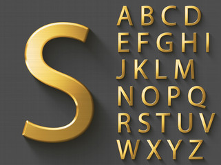 Golden luxury 3D alphabet: uppercase English letters. Metallic font on gray background. Good typeface for wealth and jewel concepts. ABC letters with transparent shadow, EPS 10 vector illustration.