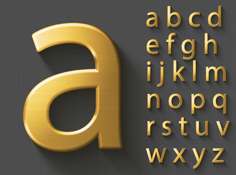 Golden luxury 3D alphabet: lowercase English letters. Metallic font on gray background. Good typeface for wealth and jewel concepts. ABC letters with transparent shadow, EPS 10 vector illustration.