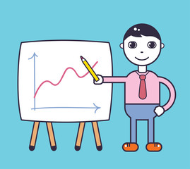 Business man showing on a white board or presentation stand with a growth graph chart.