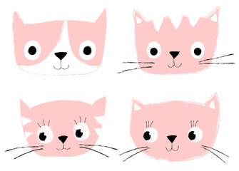 Set of cute pink vector cat heads and faces with hand drawn look