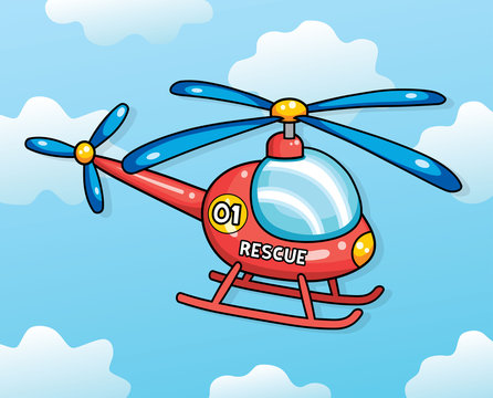 Red rescue helicopter on a sky background.