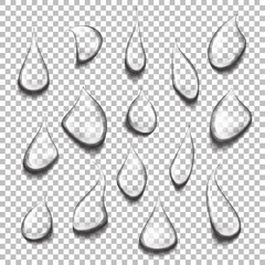 Set of transparent drops of different shapes.