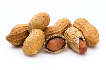 Dried peanuts on the white background.