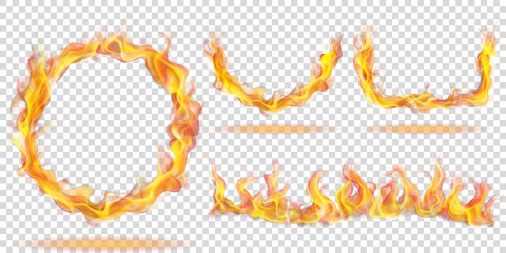 Set of fire flames in the form of ring, arc and wave on transparent background. For used on light backgrounds. Transparency only in vector format