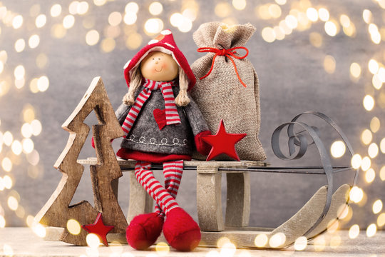 Christmas greeting card. Noel gnome background. Christmas symbol.