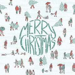 Hand drawn illustration of tiny pedestrians walking in winter through the city, with big letters saying 