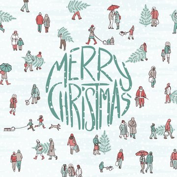 Hand drawn illustration of tiny pedestrians walking in winter through the city, with big letters saying "Merry Christmas"