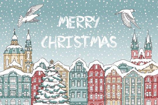Illustration of colorful houses covered in snow, with cathedral and birds - Christmas card template