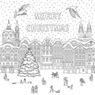 Hand drawn black and white illustration of a city in winter at Christmas time, line art for coloring book pages, greeting card template