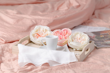 breakfast time in bed and free place and milk and bread and home interior