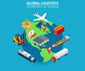 Global Logistics cargo delivery flat 3d isometric pixel art modern design concept vector worldwide shipment boat crate container loader barge van package