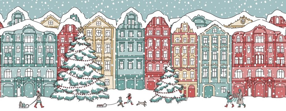 Hand drawn illustration of colorful houses in winter at Christmas time, seamless banner that can be tiled horizontally