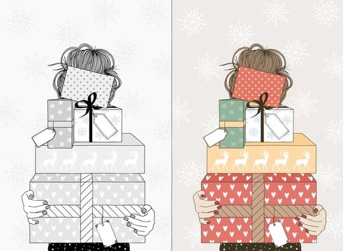 Hand drawn illustration of a young woman holding a variety of boxes with Christmas gifts and empty name tags - in black and white and in color