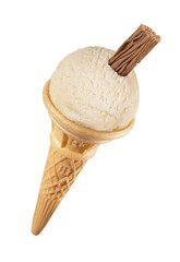 Vanilla ice cream white chocolate flake in cone on white background