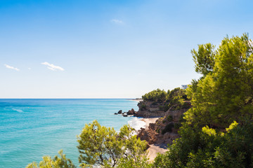 View of the coastline of the Costa Dorada in Miami Platja, Tarragona, Catalunya, Spain. Copy space for text.