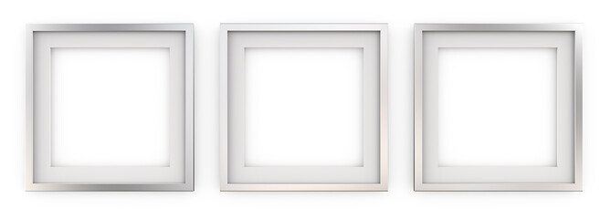 3 Square Picture Frames of Metal. Row of 3 Square Metal Frames with white Passe-partout. Blank for Copy Space. 3D render.