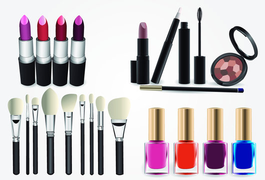 Set of realistic vector and cosmetic professional makeup style. Brush brushes lipstick paints nails
