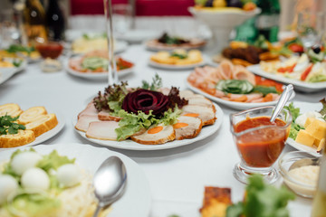 Tasty meat and vegetable snacks on the wedding table