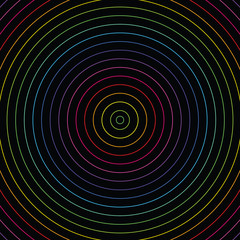 Abstract colorful neon lights inner circles pattern on black background
