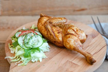 fried chicken with vegetables and french fries