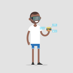 Virtual reality headset. New technologies. Young advanced millennial looking at a burger through the virtual reality glasses. Ingredients and nutrition infographics. Virtual blue displays. Flat vector