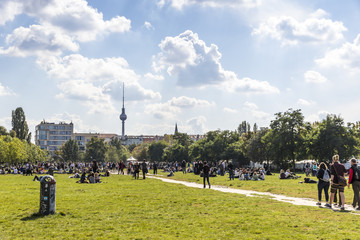 People enjoy sunny Sunday at Mauerpark in Berlin - obrazy, fototapety, plakaty