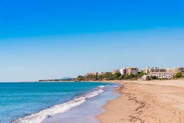 Sand beach in Miami Platja, Tarragona, Catalunya, Spain. Copy space for text. - obrazy, fototapety, plakaty