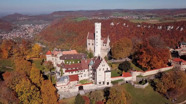 Flight around Lichtenstein Castle in the Swabian Jura, Baden-Wurttemberg, Germany.