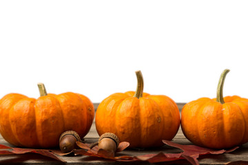 Fall background copy space pumpkin acorn wooden table